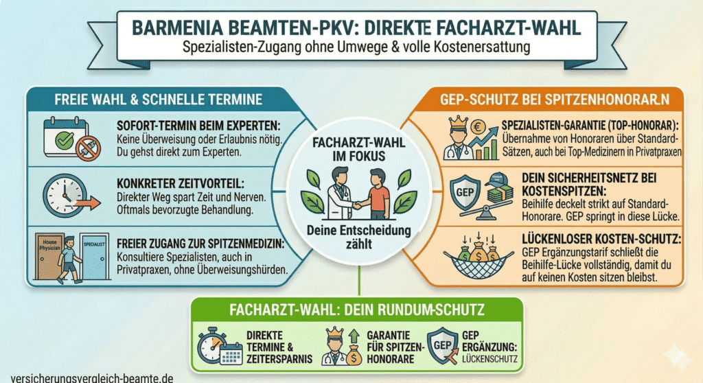 Keine Überweisung nötig: Erfahren Sie, wie die Barmenia Beamten-PKV durch freie Facharzt-Wahl und den GEP-Tarif den Zugang zu Spitzenmedizin und vollen Kostenschutz sichert.