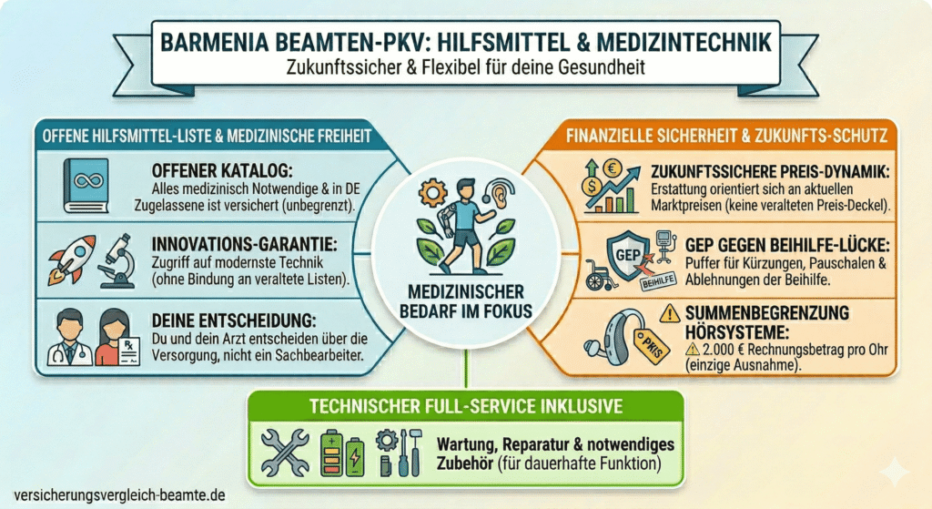Infografik zur Barmenia Beamten-PKV Hilfsmittel-Leistung: Darstellung von offenem Hilfsmittelkatalog, Innovations-Garantie für modernste Technik und GEP-Lückenschluss bei Beihilfe-Kürzungen für Rollstühle, Prothesen und Hörsysteme.