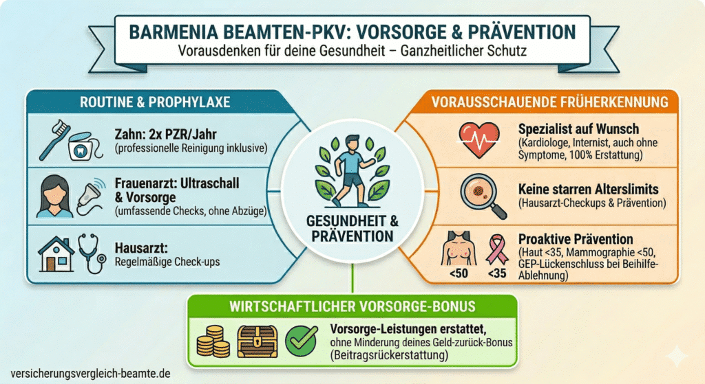 Infografik zur Barmenia Beamten-PKV Vorsorge: Leistungen für Zahnprophylaxe, Frauenarzt-Checks, Hausarzt-Checkups und Spezialisten-Untersuchungen ohne starre Alterslimits sowie Infos zum Vorsorge-Bonus.