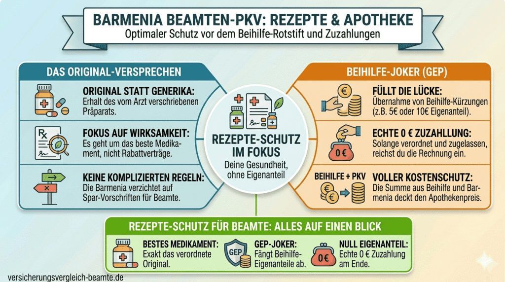 Keine Zuzahlung in der Apotheke: Die Barmenia Beamten-PKV erstattet Original-Medikamente und schließt mit dem GEP-Tarif jede Beihilfe-Lücke.