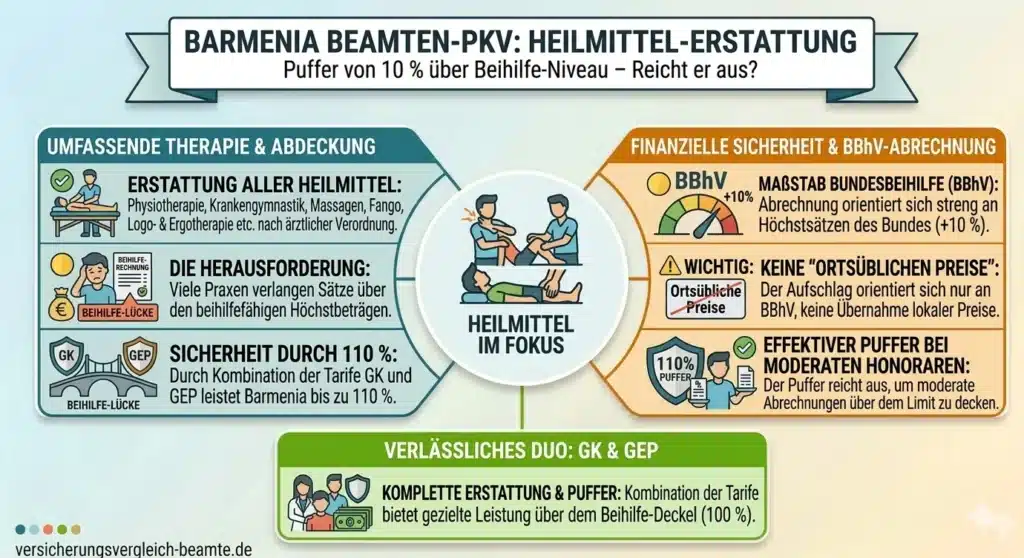 Infografik zur Barmenia Beamten PKV: Erstattung von Heilmitteln wie Physiotherapie, Massagen und Ergotherapie. Die Grafik zeigt den 110 % Puffer durch die Tarife GK und GEP, der Zuzahlungen über den Beihilfe-Höchstsätzen (BBhV) vermeidet.